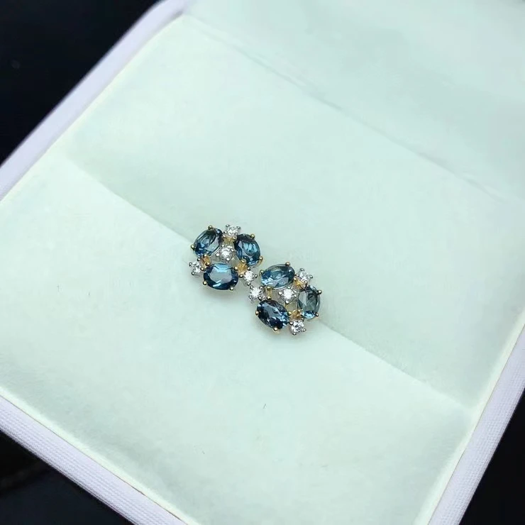 925 Sterling Silver Natural London Blue Topaz Classic Flower Stud Earrings Fine Charm Party Jewelry for Women