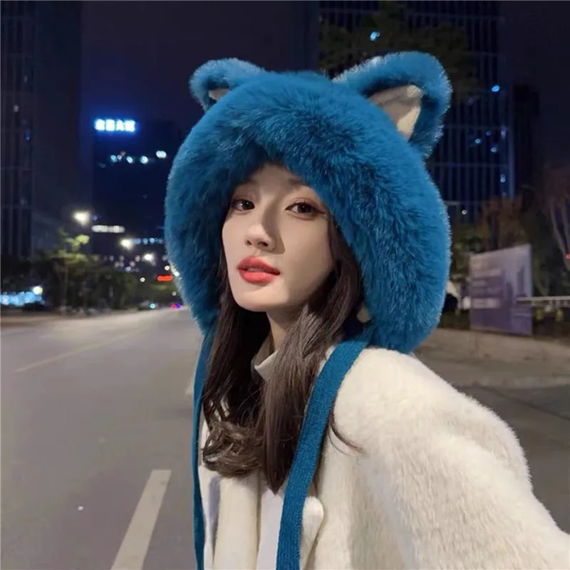 

Winter Hats For Women Beanie Cute Cat Ear Knitted Bonnet Femme Thick Velvet Keep Warm Winter Cap With Pompom Gorro 2023 New