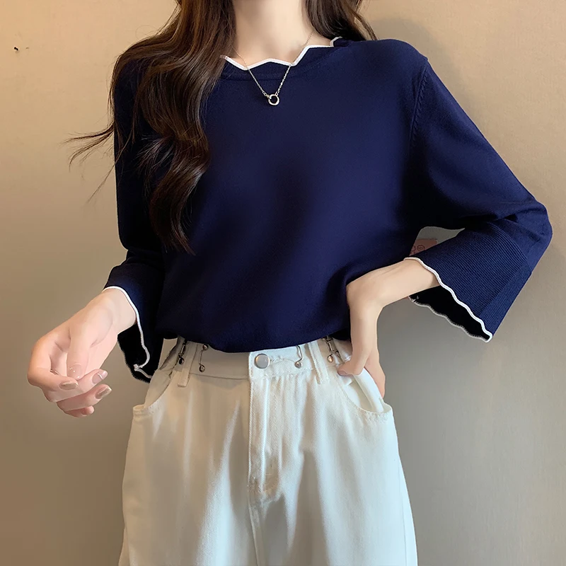

3/4 Sleeve O-neck Solid Basic Girl Loose Knit Pullover 2023 New Fashion Cute Winter Mujer Korean Y2k Thick Baggy Top Knitwear