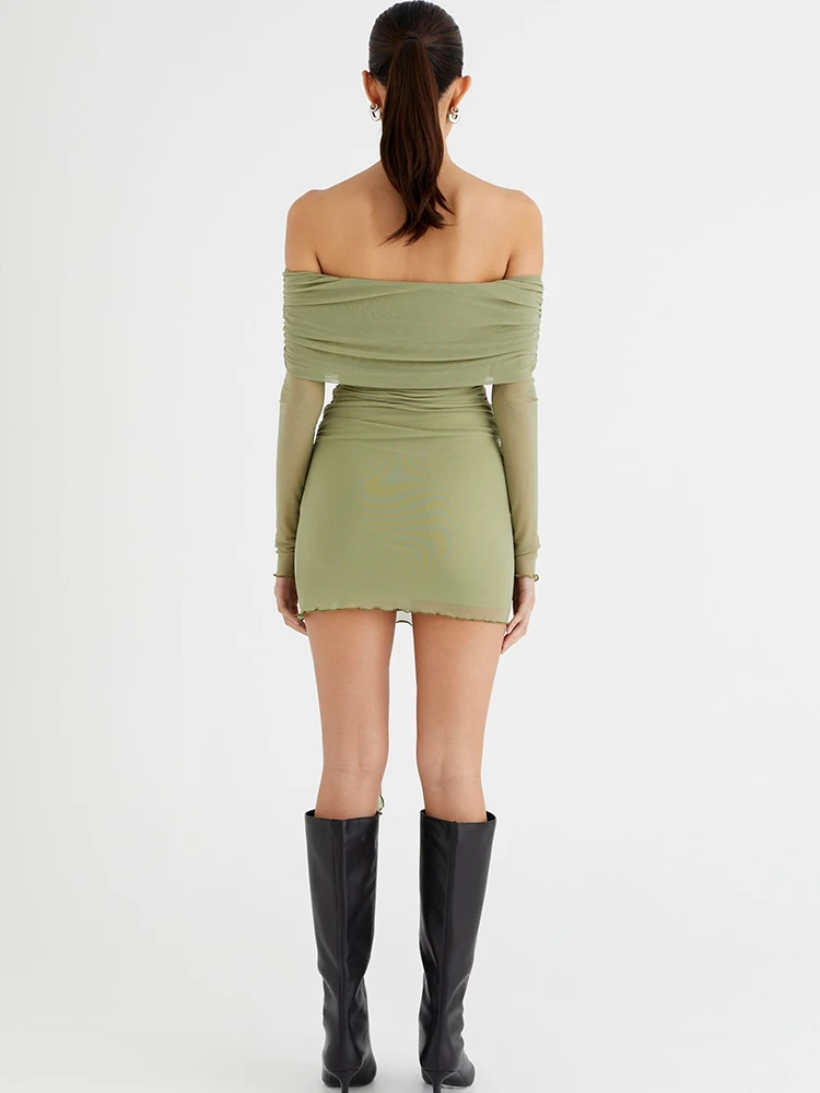 JULISSA MO Sexy Off Shoulder Bandage Women Dress Long Sleeve High Waist Ruched Dress Female Summer Skinny Elegant Prty Clubwear