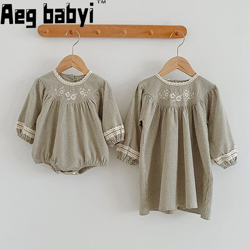 

Sister Matching Clothes Autumn Spring Plaid Kids Girls Long-sleeved Soft Cotton Dress Baby Girls Rompers Girl Birthday Dress