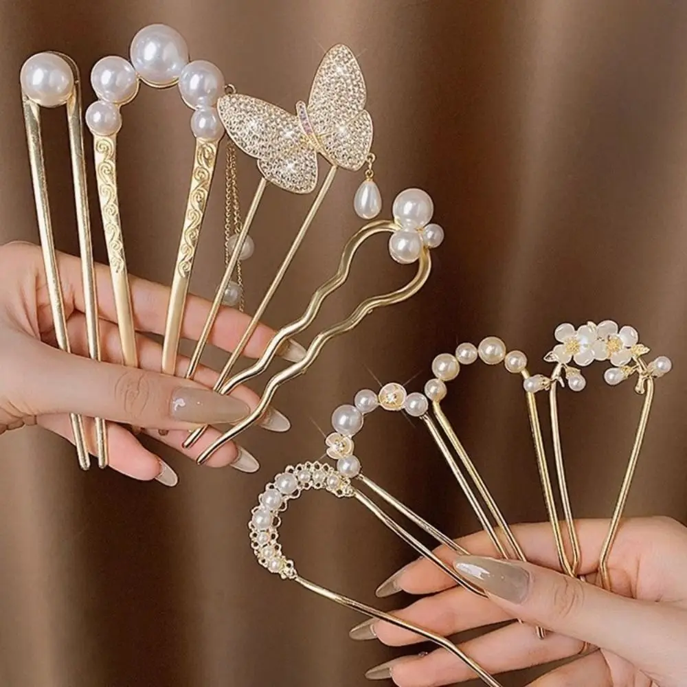 Hair Accessory New Fashion Simple Hair Clip Temperament Imitation Pearl U-shaped Hairpin Metal Flower Hair Sticks for Girls hair accessory,hair clip,hair headdress,hair stick,pearl hairpins