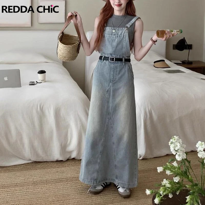 

REDDACHiC Bib Pocket Denim Overall Skirt Vintage Wash Blue Splice A-line Casual Summer One-piece Dress Korean Y2k Streetwear