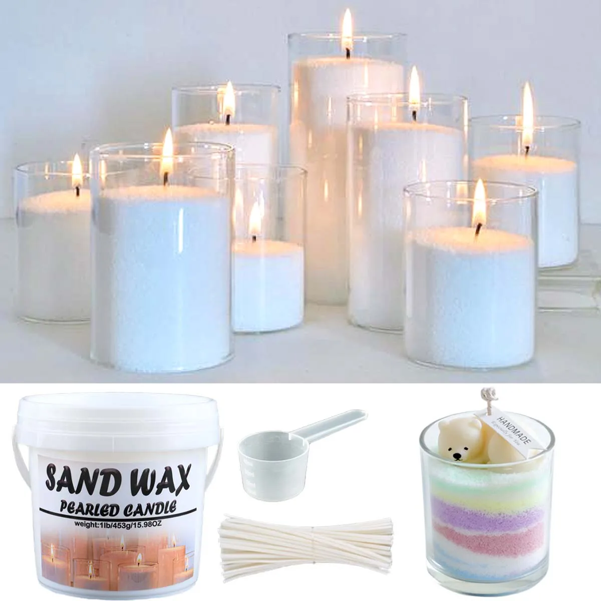 1LB/453g Pearled Sand Candle DIY Handmade Unscented Non Toxic Ice Flower Wax with Measuring Spoon 50 Wicks Candles Making Tools