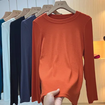 Autunno Office Lady Basic O-Collo Slim T-shirt da donna Solid Multi Color All-Match Trend Casual Top Filettatura Manica lunga Elastico 1