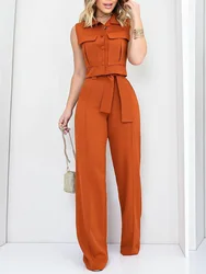 Women Single-Breasted Solid Top 2PCS Outfit, Spring Summer Loungewear Wide Leg Pants Matching Sets, Lace-Up Elegant Ladies Suits