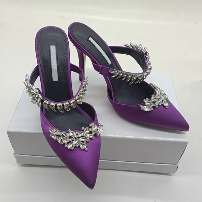 2024 Spring and Autumn European and American Women's Shallow Moule High Heels Slim Heel Satin Rhinestone Pointed Sandals