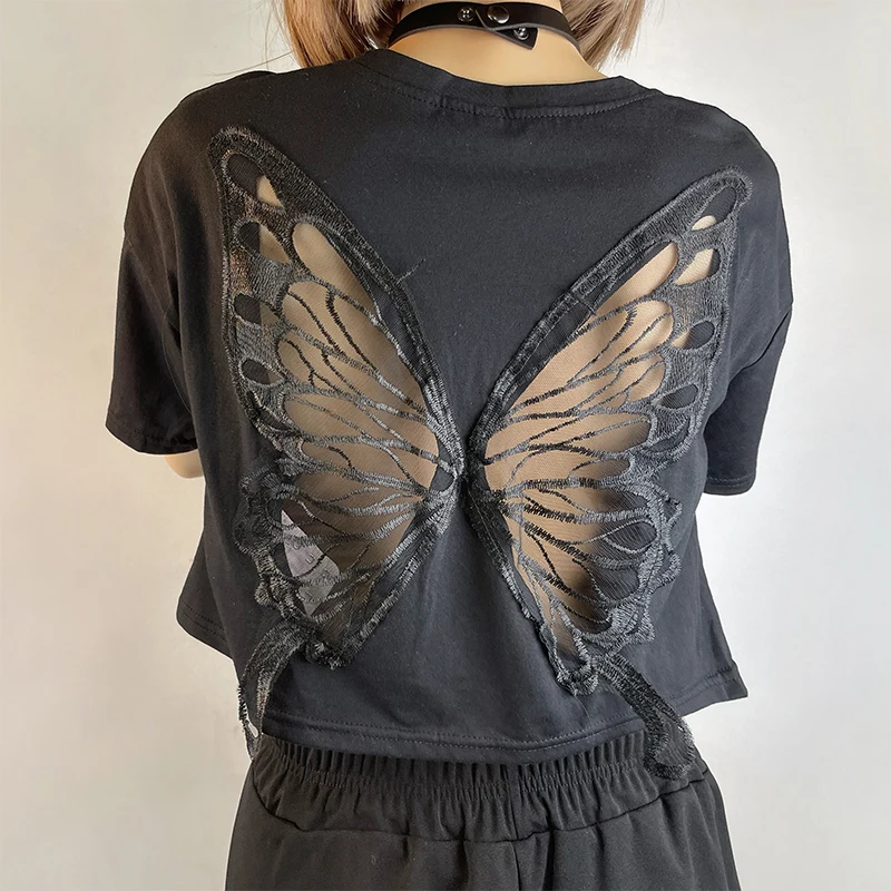 Butterfly Wings Black Crop Tshirts for Women E-girl Dark Academia Grunge Clothes Pullovers Tees