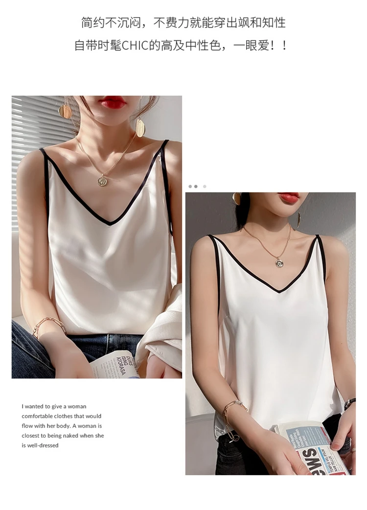 2022 Ladies Silk Camisole V-Neck New Satin Interior Suspenders Spring Summer Wild Top Net Red Loose Thin Women Vest Four Seasons