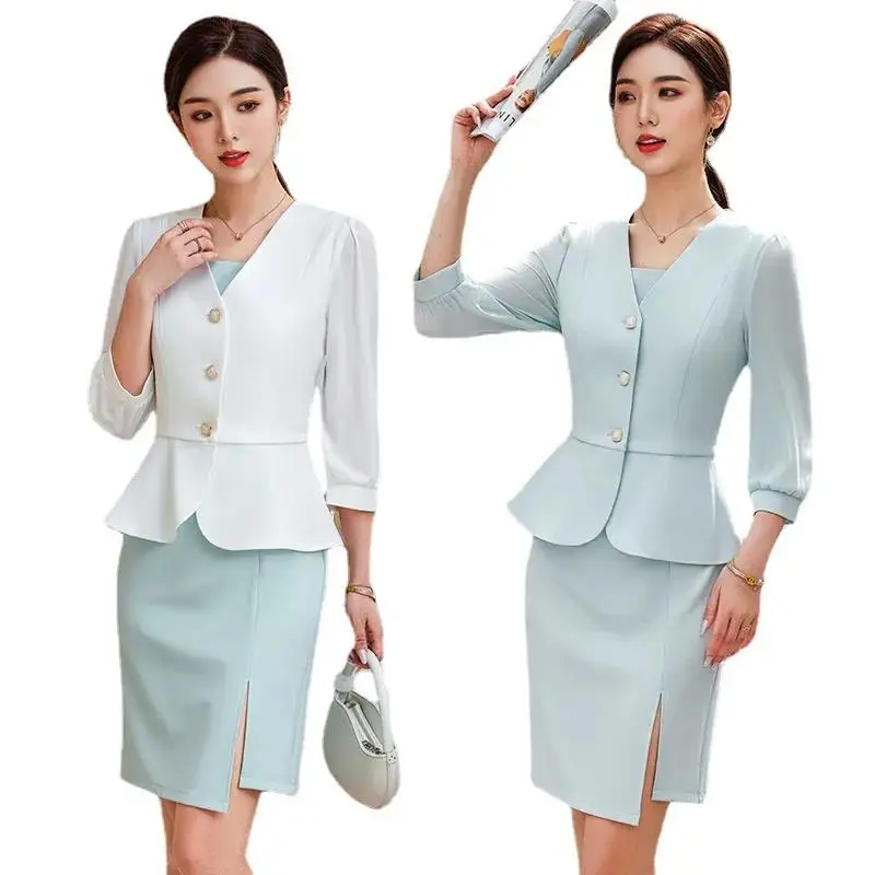 여성용 캐주얼 투피스 세트, 랜턴 슬리브 재킷 및 화이트 원피스 세트, 오피스 ..