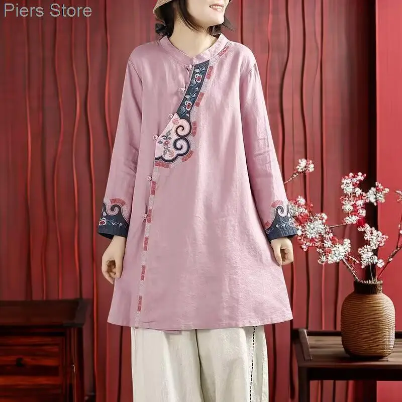 

Chinese Style Modified Hanfu Exquisite Embroidery Long Dress Women 2023 Retro Stand Collar Elegant Loose Casual/Party Dress