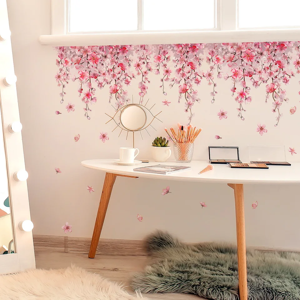 Deco Chambre Bebe Fille Stickers Muraux Fleur De Cerisier Avec Oiseaux - Décoration Chambre Fille Ou Salon - 128cm De Hauteur Autocollant Fleur Cerisier