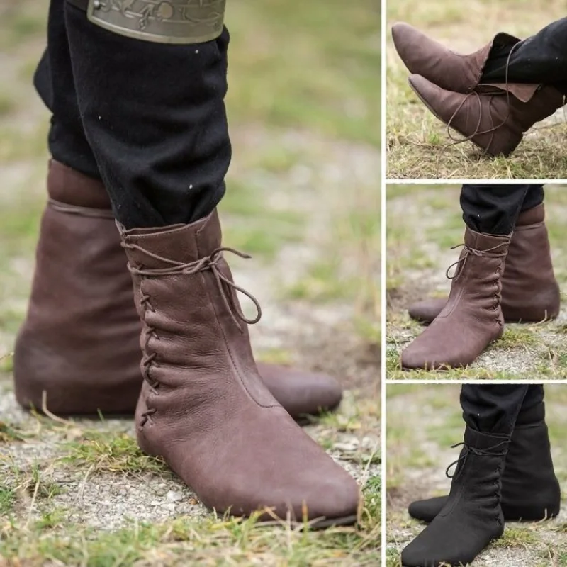 

Medieval Carnival Men Cosplay Costumes Knight Hunter Prince Lace Up Viking Pirate Leather Boots Women Stage Props Shoes Retro