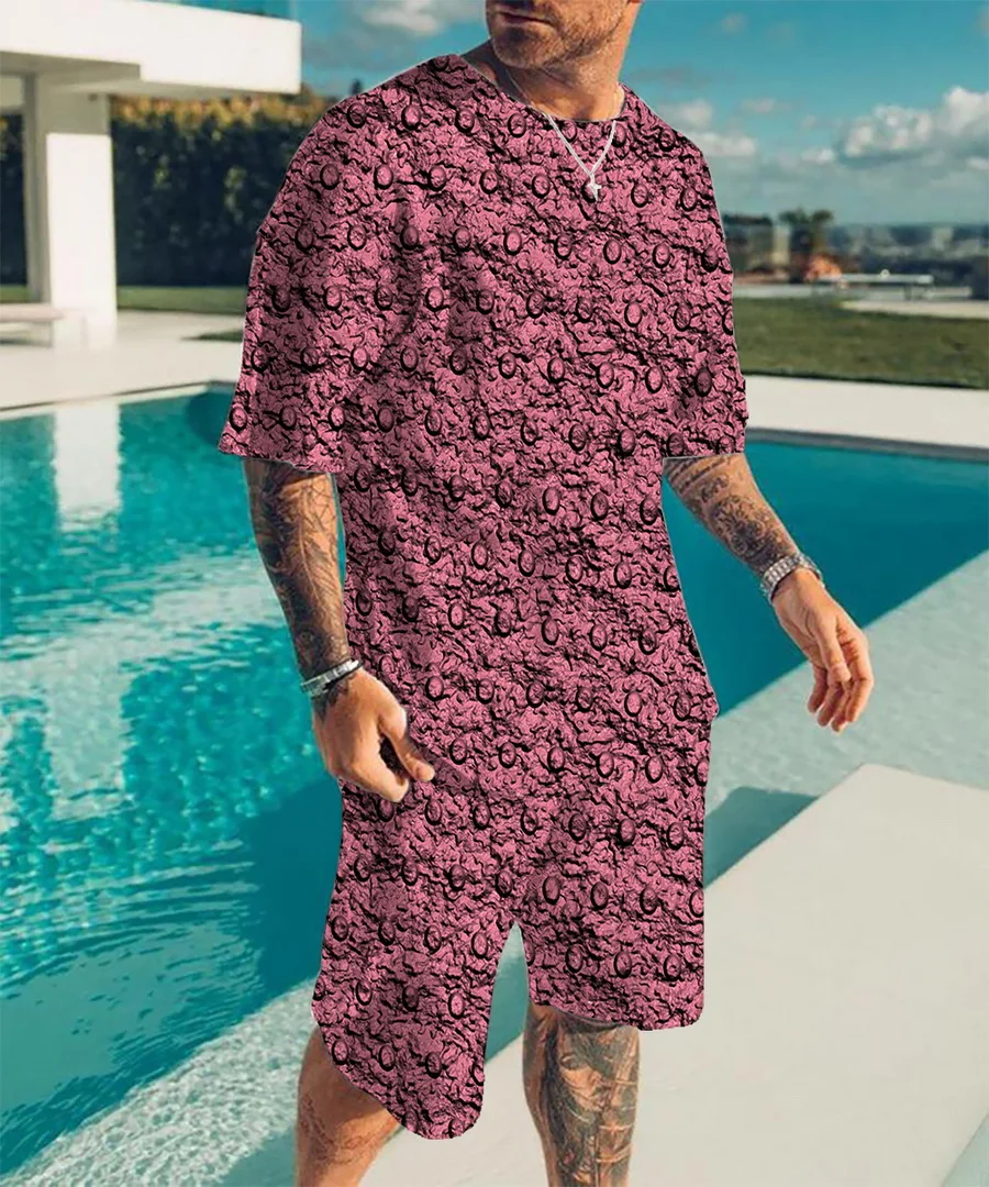 European and American Fashion Simple Men's Loose 3D Printing Short-sleeved Suit Sports and Leisure Round Neck Men's T-shirt Suit