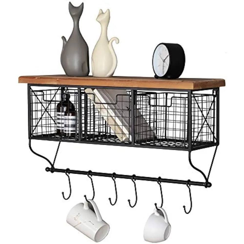 Ctystallove Industrial Wall Mounted Metal Wood Shelf with Baskets Hooks Hanging Storage Rack Display Shelf Sundries Holder