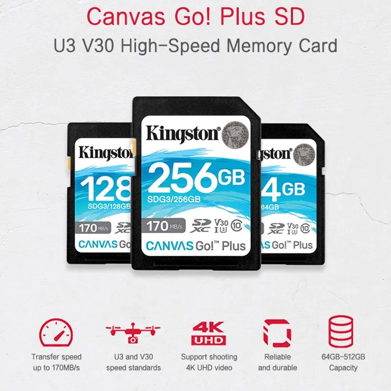 Kingston SD ī, SDG3 ޸ ī, ִ 170 MB/s б V30 U3 ÷ ī, ī޶ C10, 64GB, 128GB, 256GB
