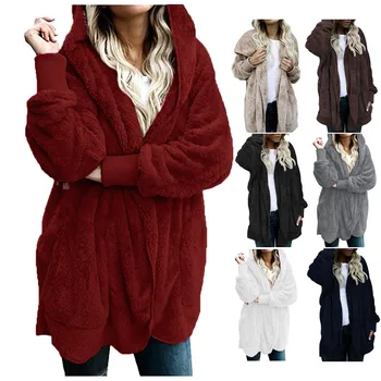 Plus Size Women Winter Warm Coat Jacket Outwear Ladies Cardigan Coat Double Sided Velvet Hooded Coat New Fashion Simple