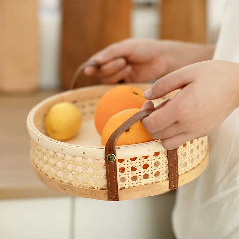 Rattan Woven Storage Basket Room Round Placing Tray for Fruit Bread Breathable Desktop Organizer -Brown 6