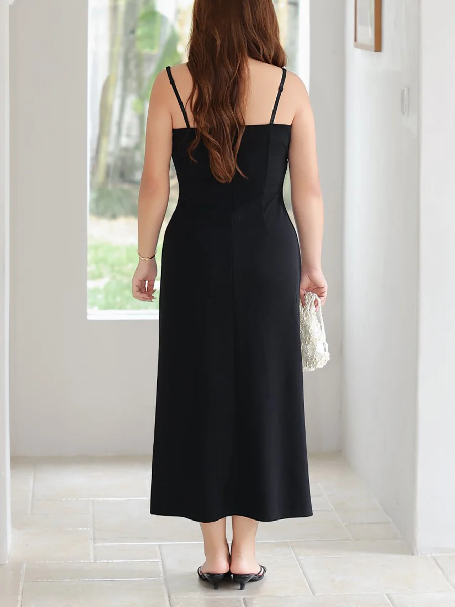 Premium Slim Pleated Waist V-neck Dress Plus Size Women Wedding Birthday Front Slit Pearl Spaghetti Strap Dresses 9235