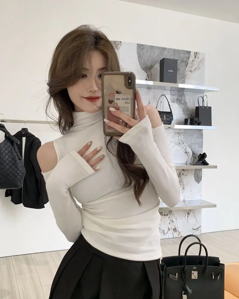 Turtleneck T-shirts Women Slim Long Sleeve Designed Sexy Autumn Tops Elegant Office Lady Sweet Temper All-match Popular Korean