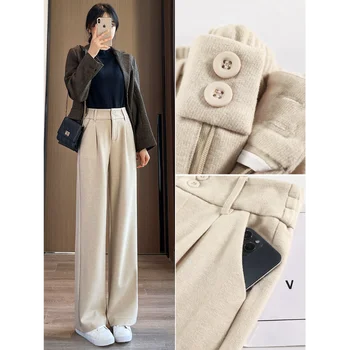 Pantaloni dritti casual slim e allungati drappeggiati autunnali e invernali da donna a gamba larga in lana a vita alta 1