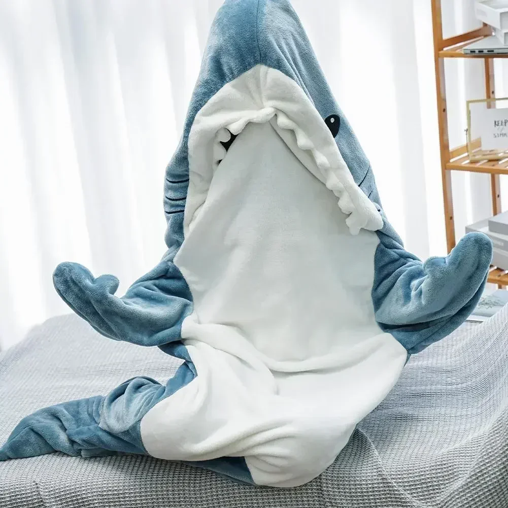 

Plush Pajamas Shark Cartoon Playsuit Kids Parents Hoodie with Sleeves Wearable Onesie Sleeping Bag Funny Homewear Homesuit Soft