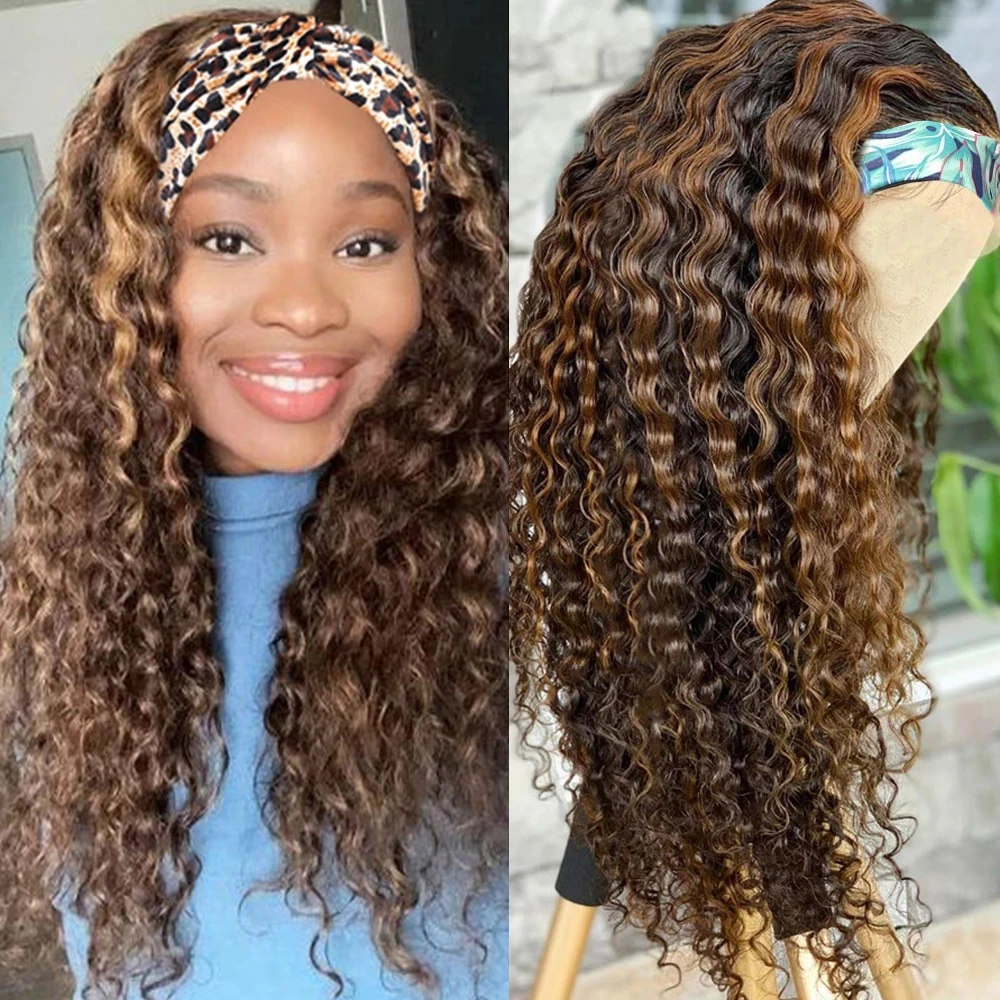

Ombre Headband Wig Human Hair Deep Wave Headband Wigs For Women Human Hair Brazilian Highlight Wigs Curly Honey Blonde Wigs Remy