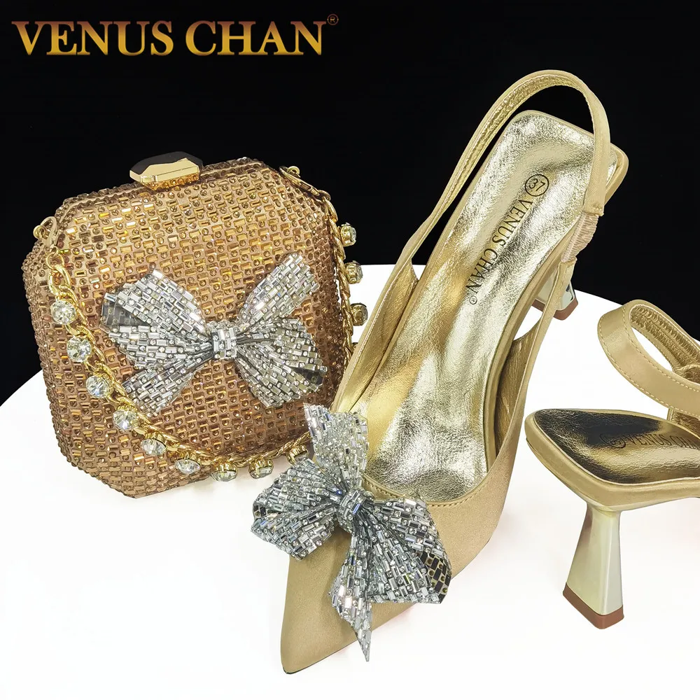 

Elegant Butterfly-knot Gold Rhinestone Pumps with Buckle Strap for Women's Summer Party 2024 Italian Shoes and Bags Matching Set