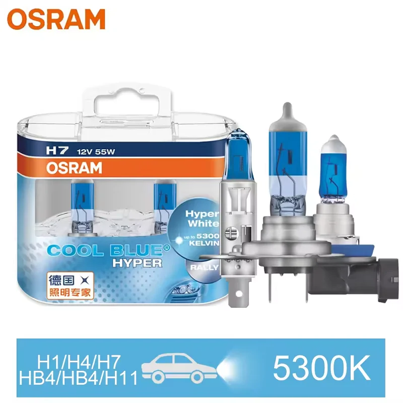 OSRAM H7 H4 H1 H11 HB3 9005 HB4 9006 Halogen Headlight Car Light Hi/Lo Beam 5300K 12V 55W Cool Blue Hyper White Bulb(2 Pieces)