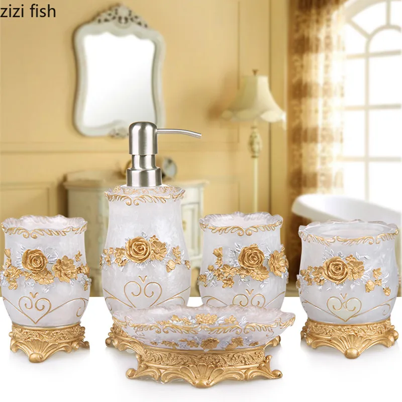 Resin Household Bathroom Set Soap Dispenser Tooth Brush Holder Cup Soap Dish Tray Toilet Brush toilet Storage Set