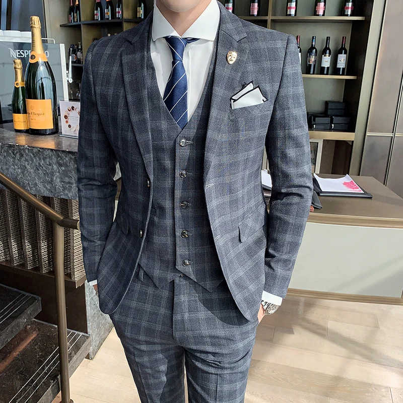 Plaid  (suit + Waistcoat + Trousers) Wedding Dress Fashion and Handsome Fashion British Style Slim-fit Business Three-piece Set 4
