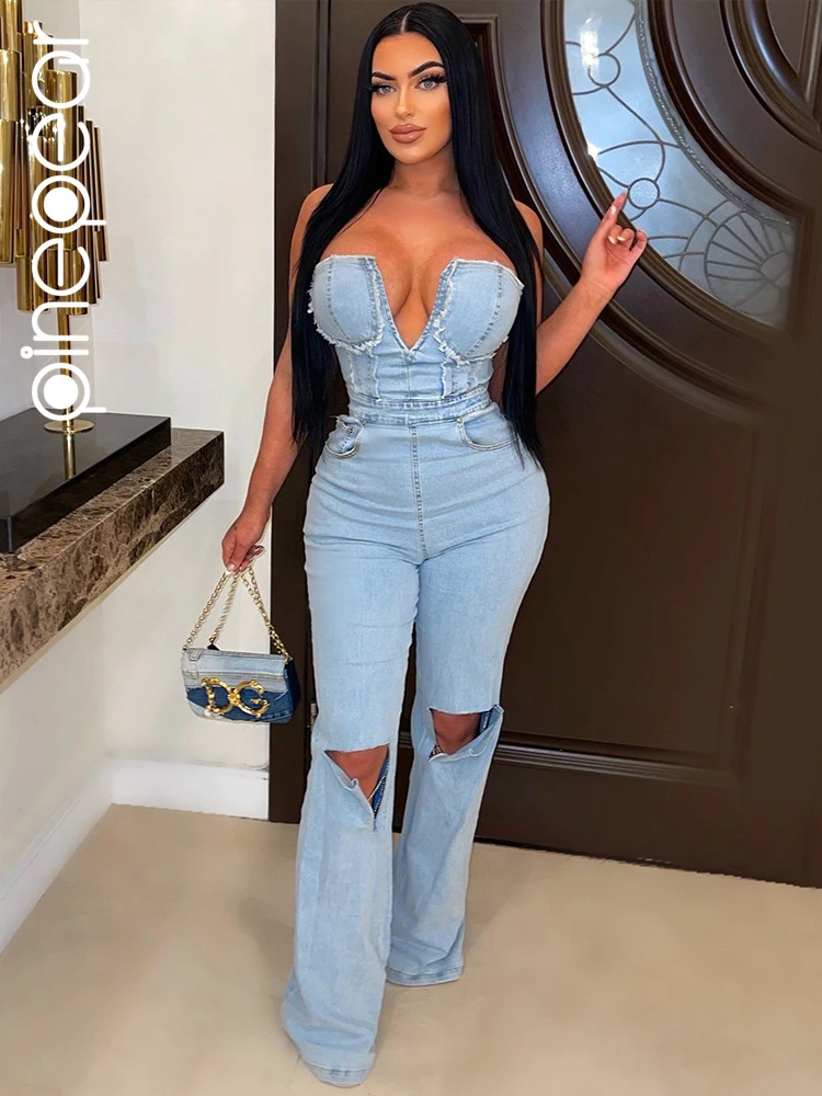 

PinePear Ripped Hole Jeans with Tube Top Women Sets 2024 Vintage Washed Loose Flare Pants Ladies Y2K Denim Jumpsuits Streetwear