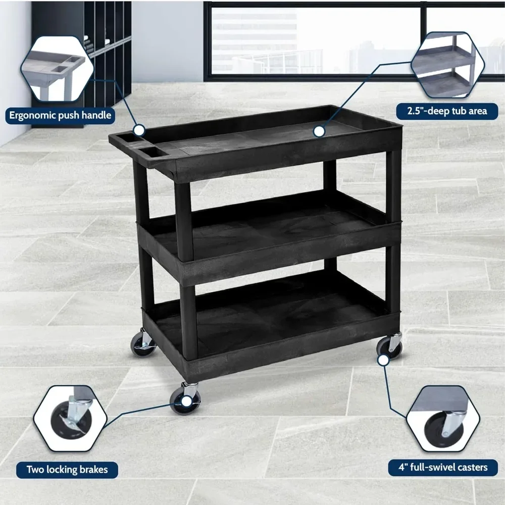 32" x 18" Mobile Multipurpose Utility Tub Cart with 3 Shelves and Ergonomic Handle - Black, Great for Warehouse, Garage and More 5