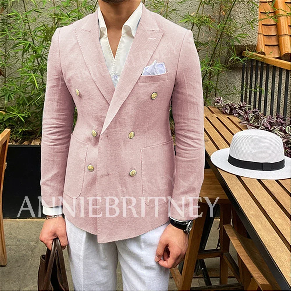 Summer Beach Linen Blazer Double-breasted Men Jacket Slim Fit Social Coat men suits jackets