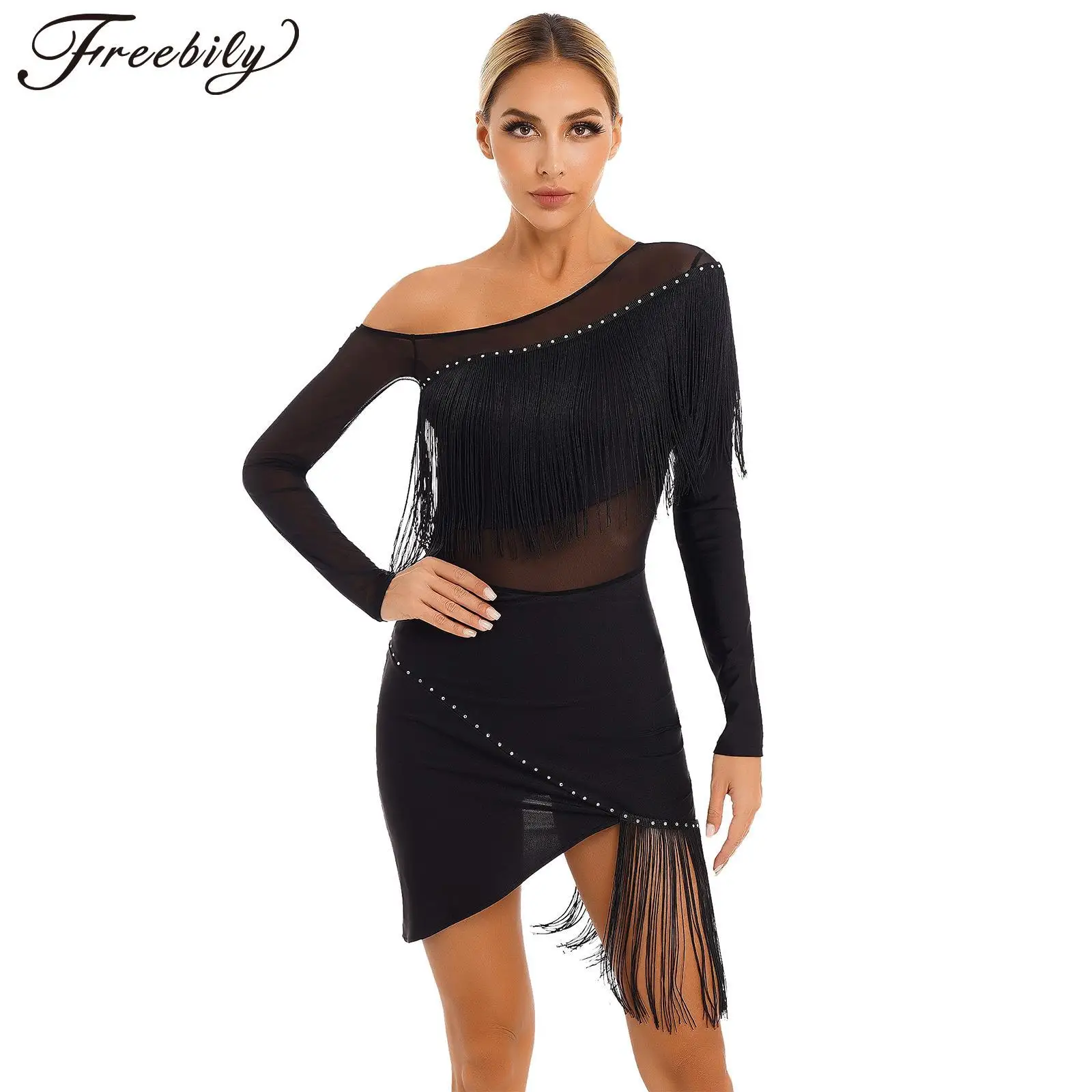 

Women Latin Dance Dress Tassel Fringed Irregular Dress Tango Latin Cha-Cha Samba Dresses Sequins Ballroom Performance Costumes