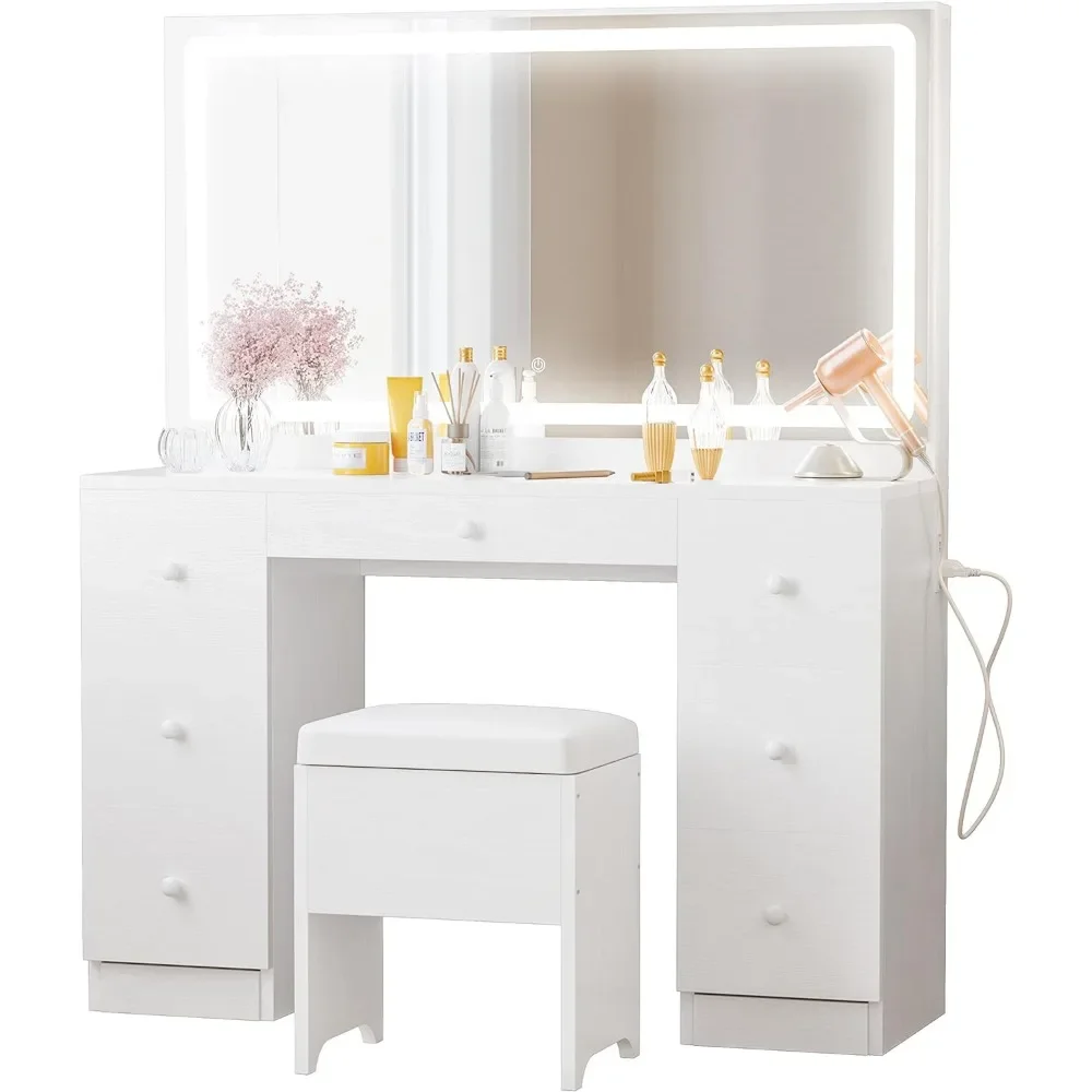 

Makeup Table Set, with LED Illuminated Mirrors and Power Sockets, 7-drawer Makeup Table, with Stool, for Bedroom Use, White