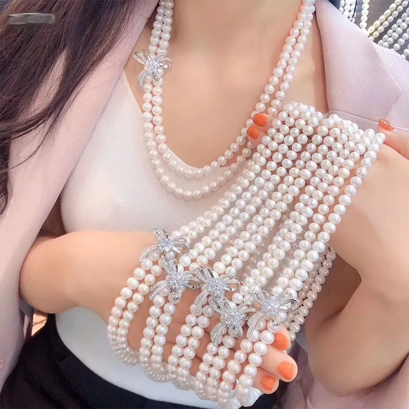 row natural 6-7mm white Pearl Necklace 925 silver micro inlay zircon Butterfly clip clasp diy accessory jewelry