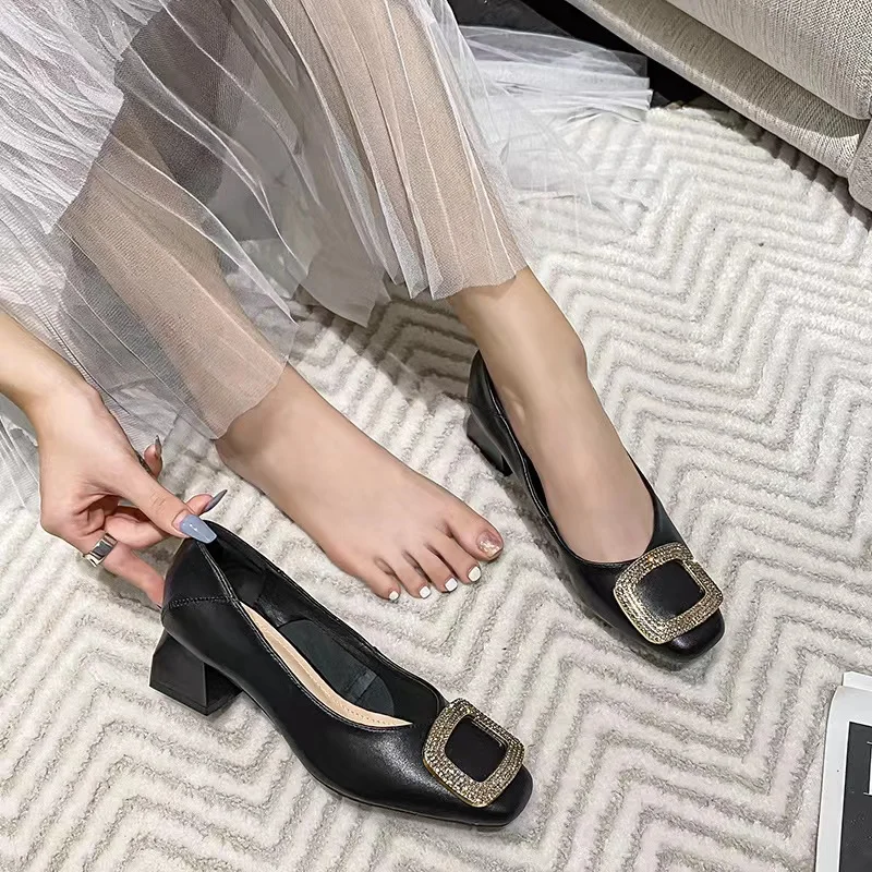 

FamtiYard Medium Heels Shoes Women Pumps Square Toes Mary Jane Shoes Genuine Leather Ladies Footwear Zapatilla Mujer 2022 New