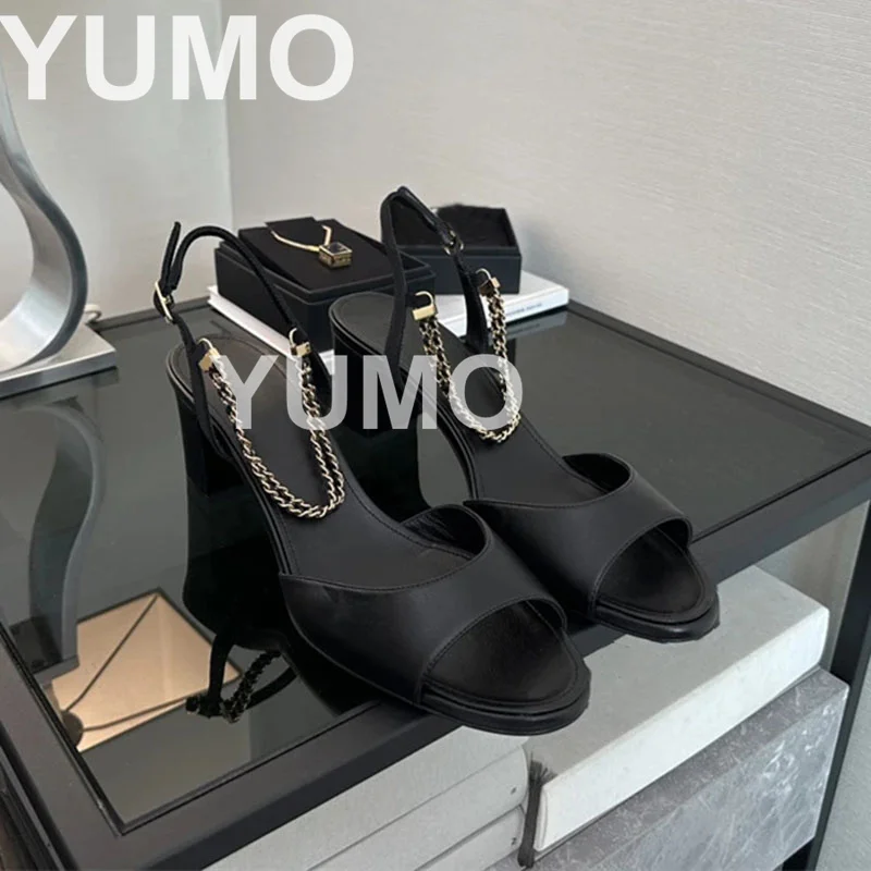 

2024 Luxury Women Genuine Leather Open Toe ShalloW Pumps Fashion Metal Chain Ankle Strap Slinback Sandals Chunky High Heels