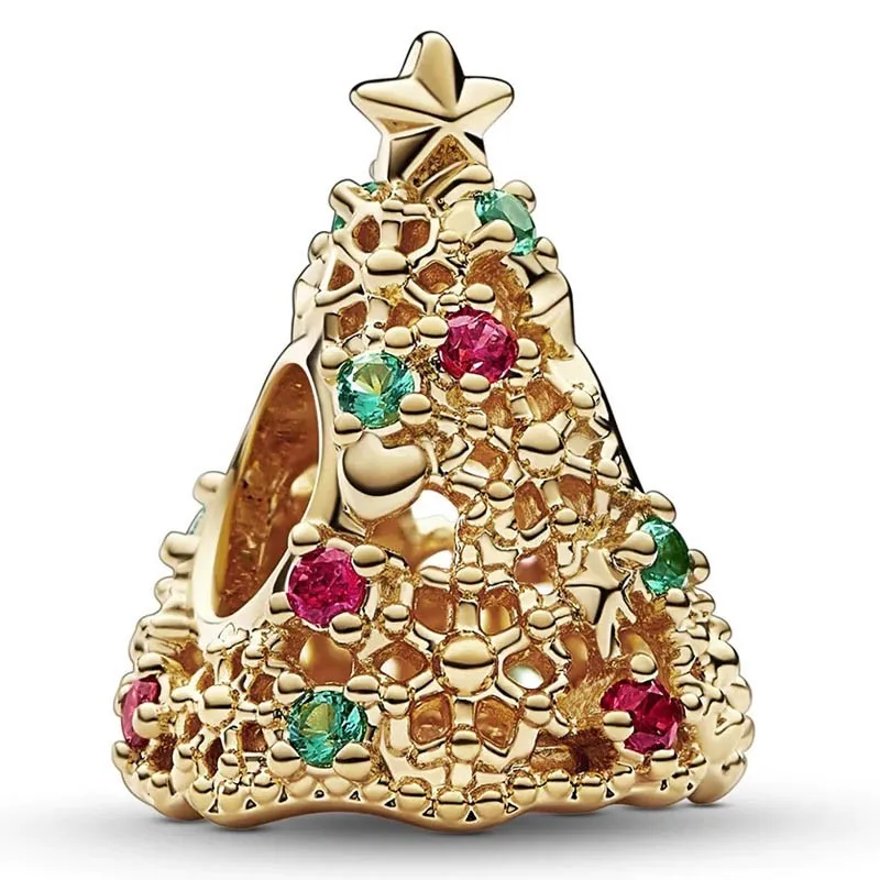 

Original Moments Gold Glitter Christmas Tree Bead Charm Fit Pan 925 Sterling Silver Bracelet Bangle Diy Jewelry