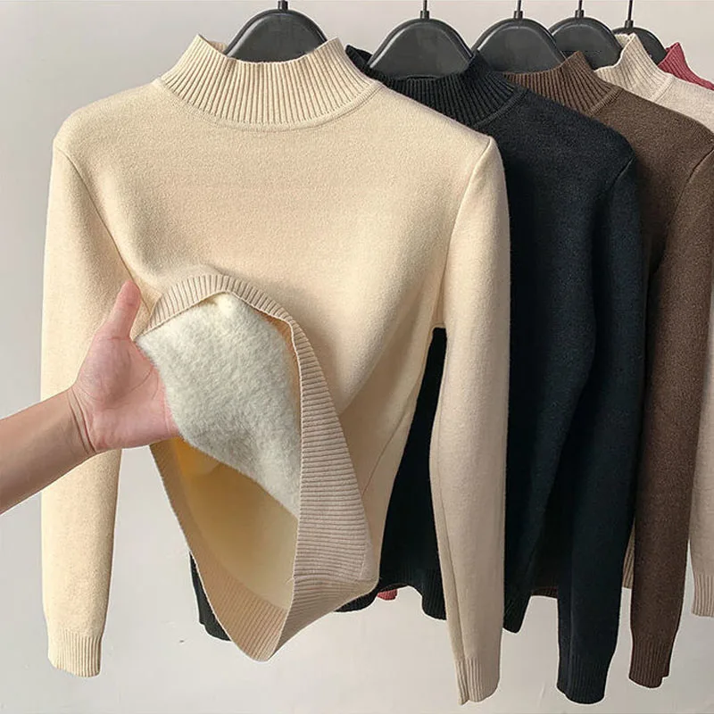 

Plus Velvet Sweater Winter Warm Clothes Korean Women Knitwear Turtleneck Thicken Knitted Pullovers Casual Fleece Lined Tops