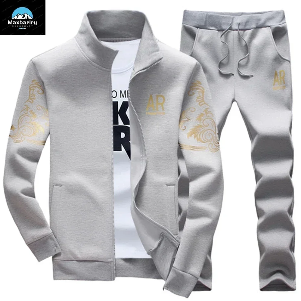 Winter Men's Sports Suit with Fleece and Warm Standing Collar Jacket+men's Drawstring Sports Pants Fashionable Printed Men's Set 3