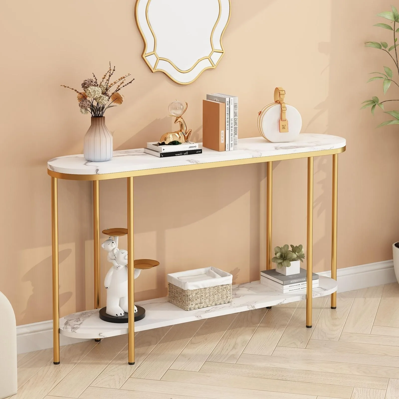 

2 Levels Console Table for Entrance Artificial Marble MDF Sofa Table with Gold Frame -