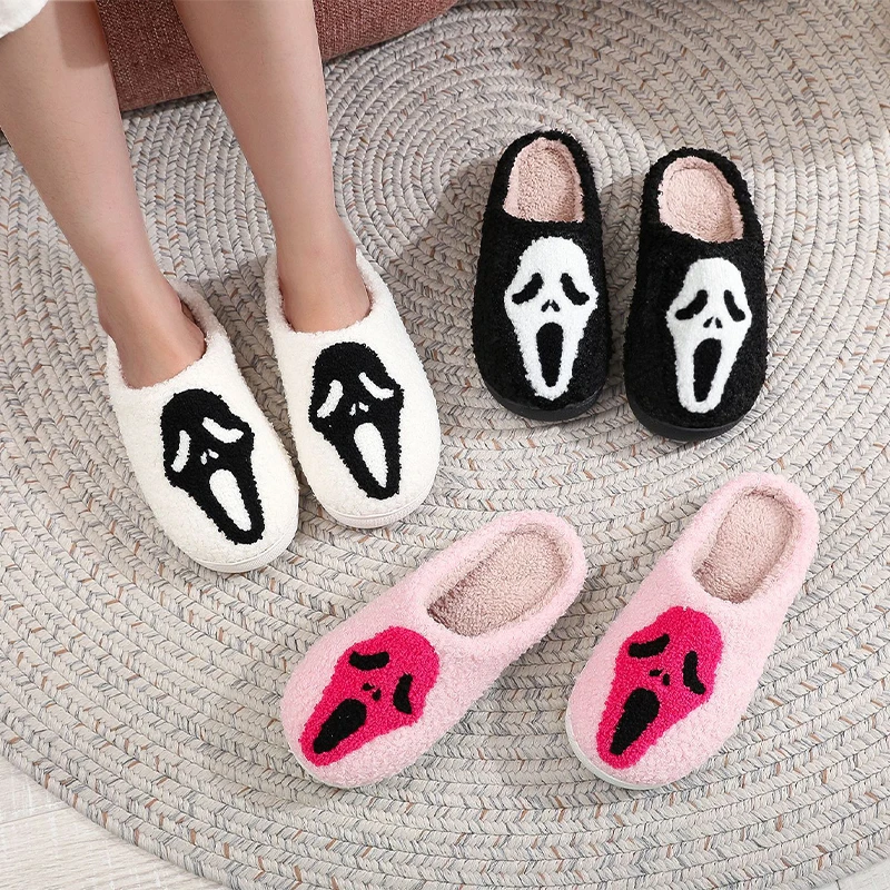 

New Halloween Black Ghostface Home Cotten Slippers Women Men Winter Warm Plush Slippers Flip Flops Indoor Floor Slippers Gifts