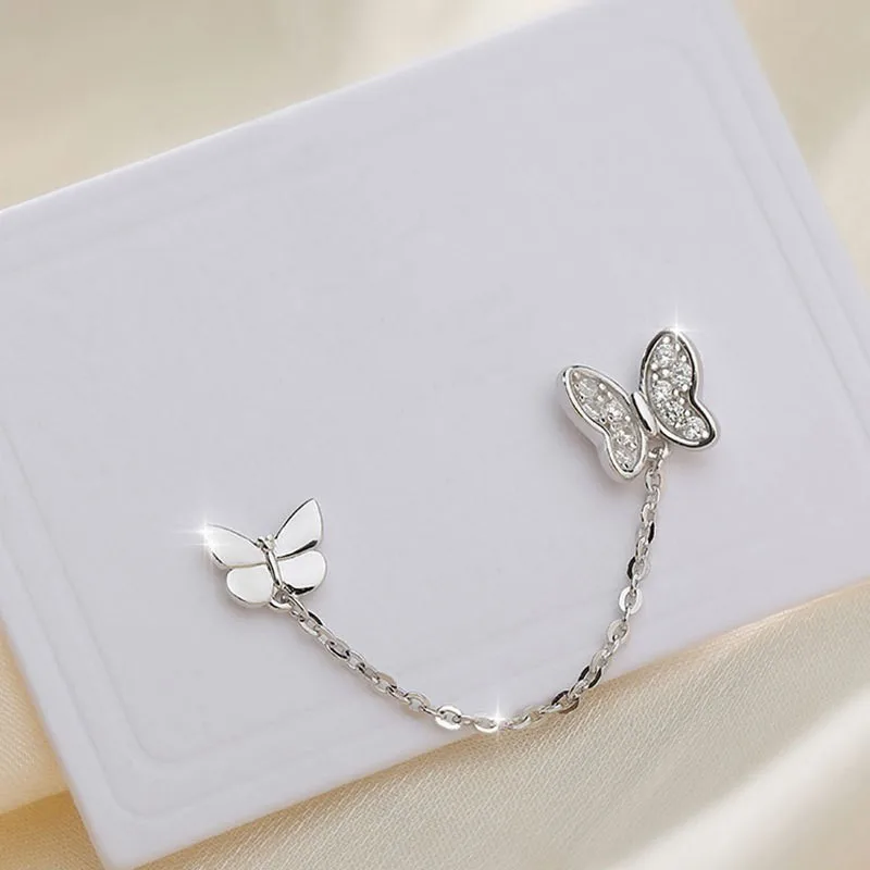 Silver Color Butterfly Zircon Double Ear Hole Stud Earrings for Women Fashion Statement Ear Party Jewelry Gifts