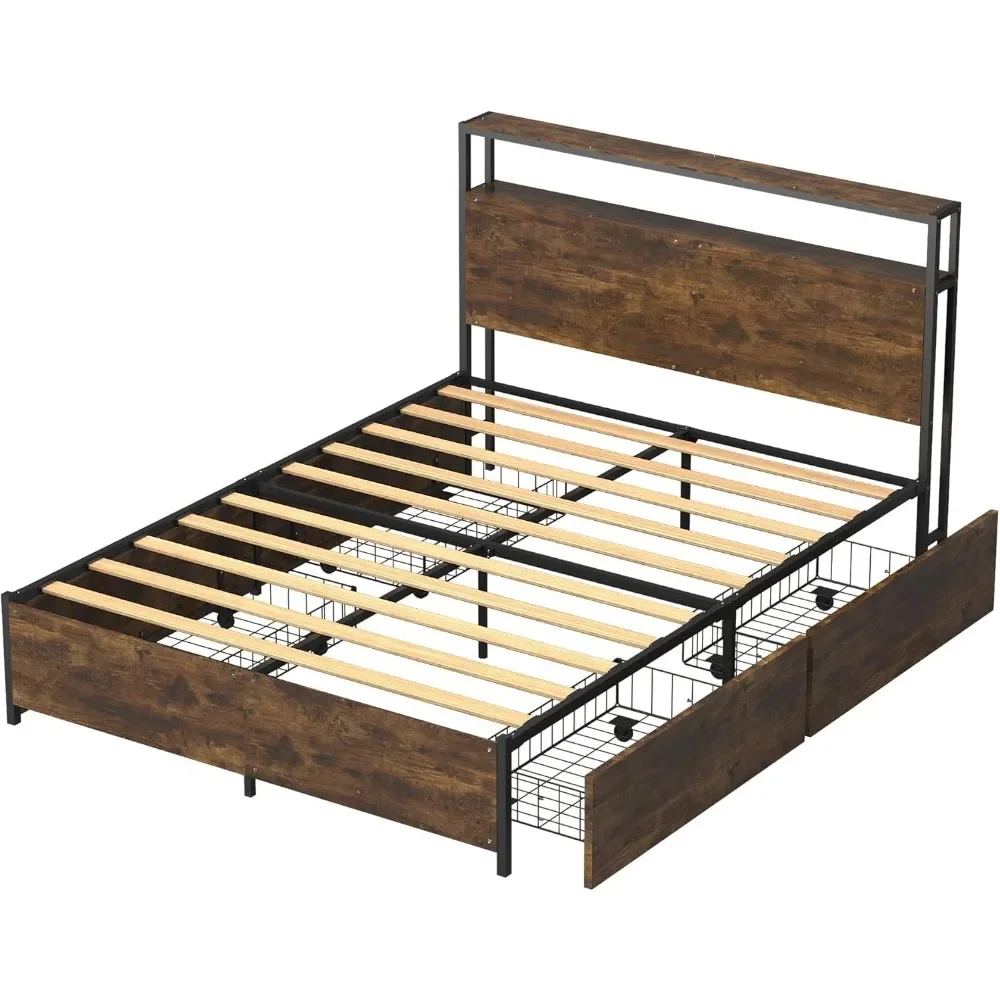Queen Size Bed Frame,Industrial Metal Platform Bed Frame with 2 Tier Storage Wooden Headboard and Footboard,4 Storage Drawers 5