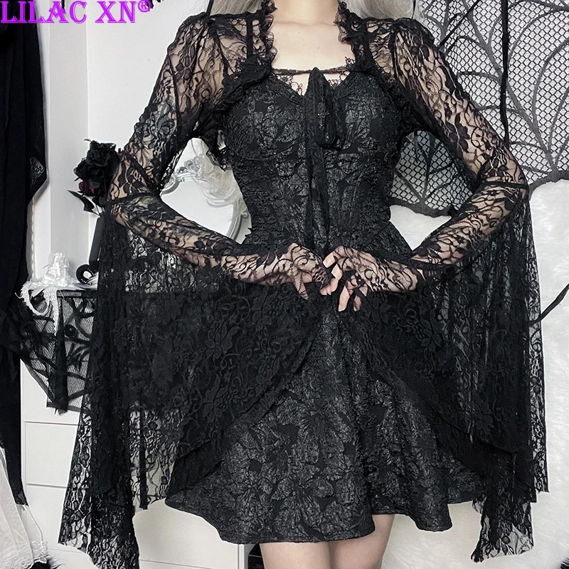 Gothic Black Floral Lace Mesh Flared Sleeve Smock Y2K Sexy Aesthetic See Through Cloak Cape for Women Fashion Streetwear Tops