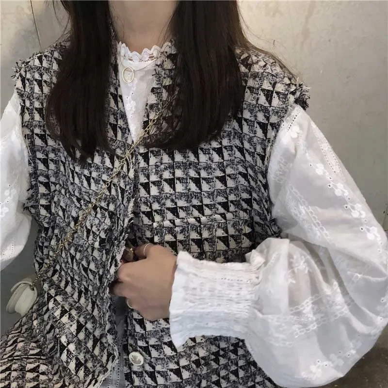 

Autumn Set Women Tweed Grid Vest Jacket + Long Sleeve Soild V-Neck Shirt Female Fashion Elgant Suit Girl Tops Casual Streetwear