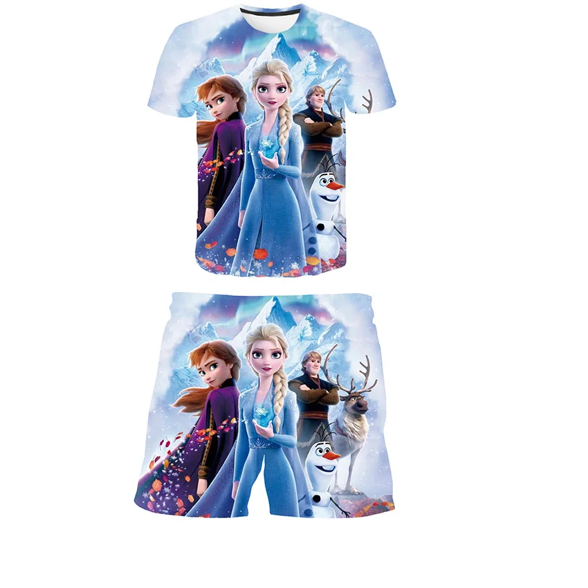 

Disney Cartoon Pretty Girls Frozen Elsa Princess Summer Short Sleeve Tees+Beach Casual Shorts 2Pcs Clothing Set 6M-14T Size