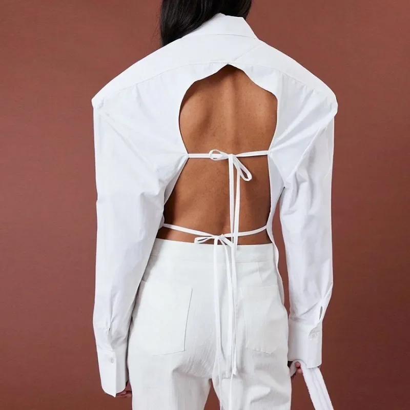 

Autumn Long Sleeve Blouse Sexy Backless Shirts Fashion 2024 French Style with Pocket White Tops Women Loose Clothes New 28687